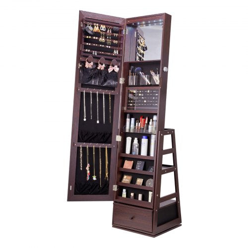 Brown standing jewelry cabinet with a 360° swivel mirror and ample storage for accessories.