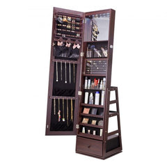 Brown standing jewelry cabinet with a 360° swivel mirror and ample storage for accessories.