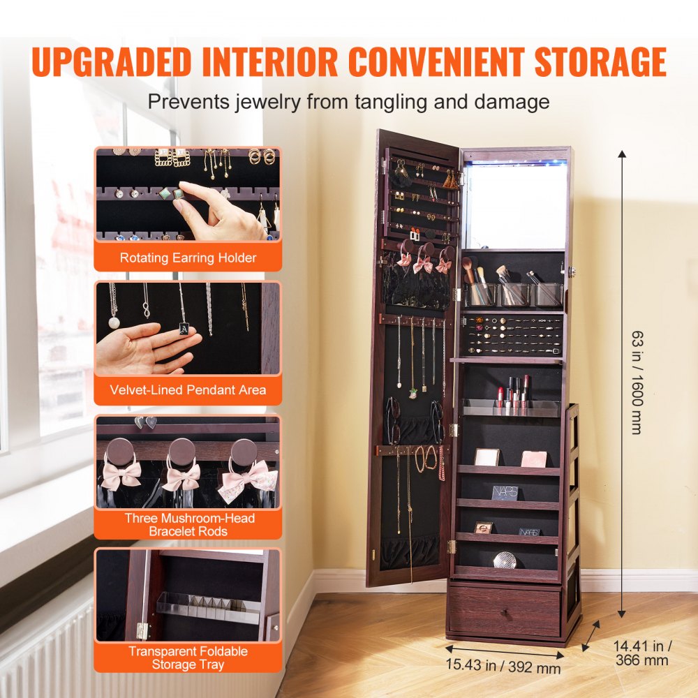 Brown standing jewelry cabinet with a full-length swivel mirror and ample storage compartments.