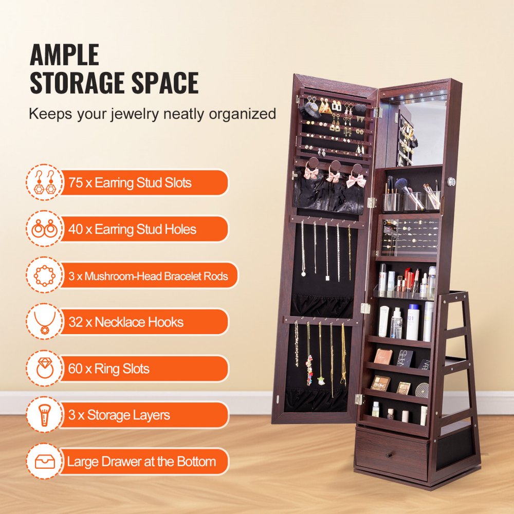 Brown standing jewelry cabinet with a 360° swivel mirror and ample storage for accessories.