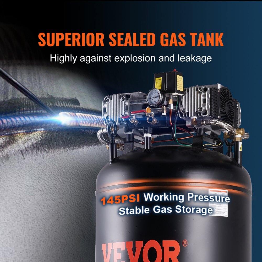 Bostome 80 gallon air compressor with 6.5 HP motor and oil-free dual-stage compression.