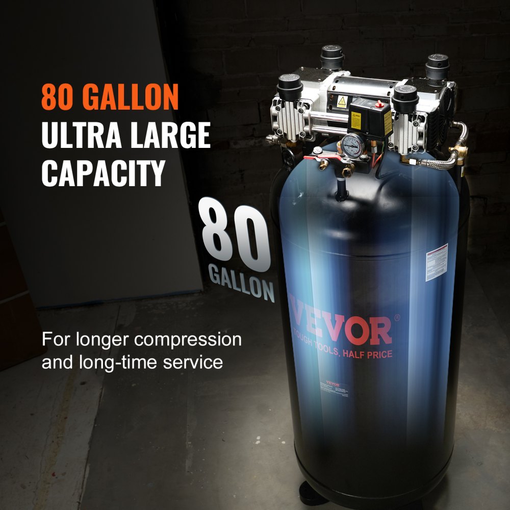 Bostome 80 gallon air compressor with a 6.5 HP oil-free motor and dual-stage compression.