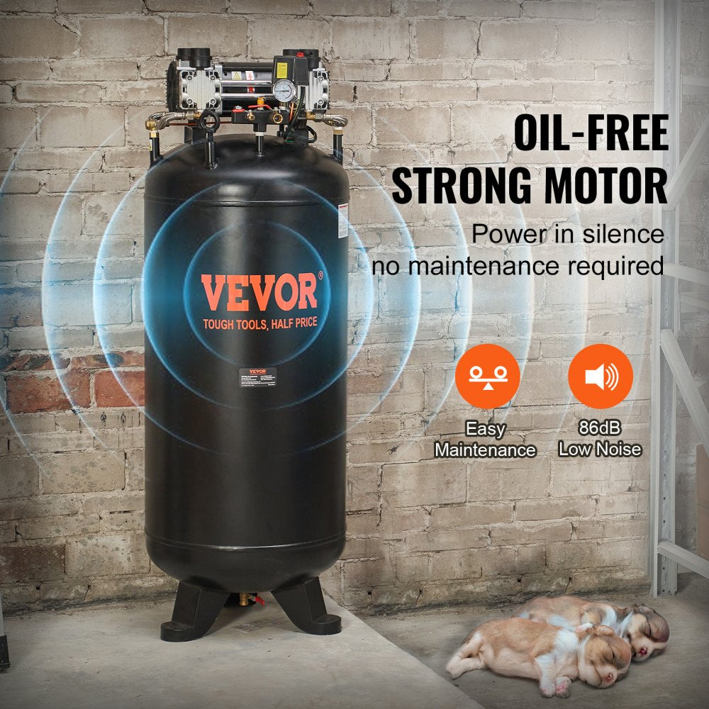 Bostome 80 gallon air compressor with a 6.5 HP oil-free motor and dual-stage compression.