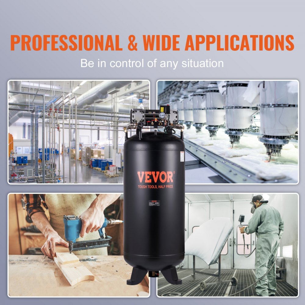 Bostome 80-gallon air compressor with 6.5HP oil-free motor and dual-stage compression.