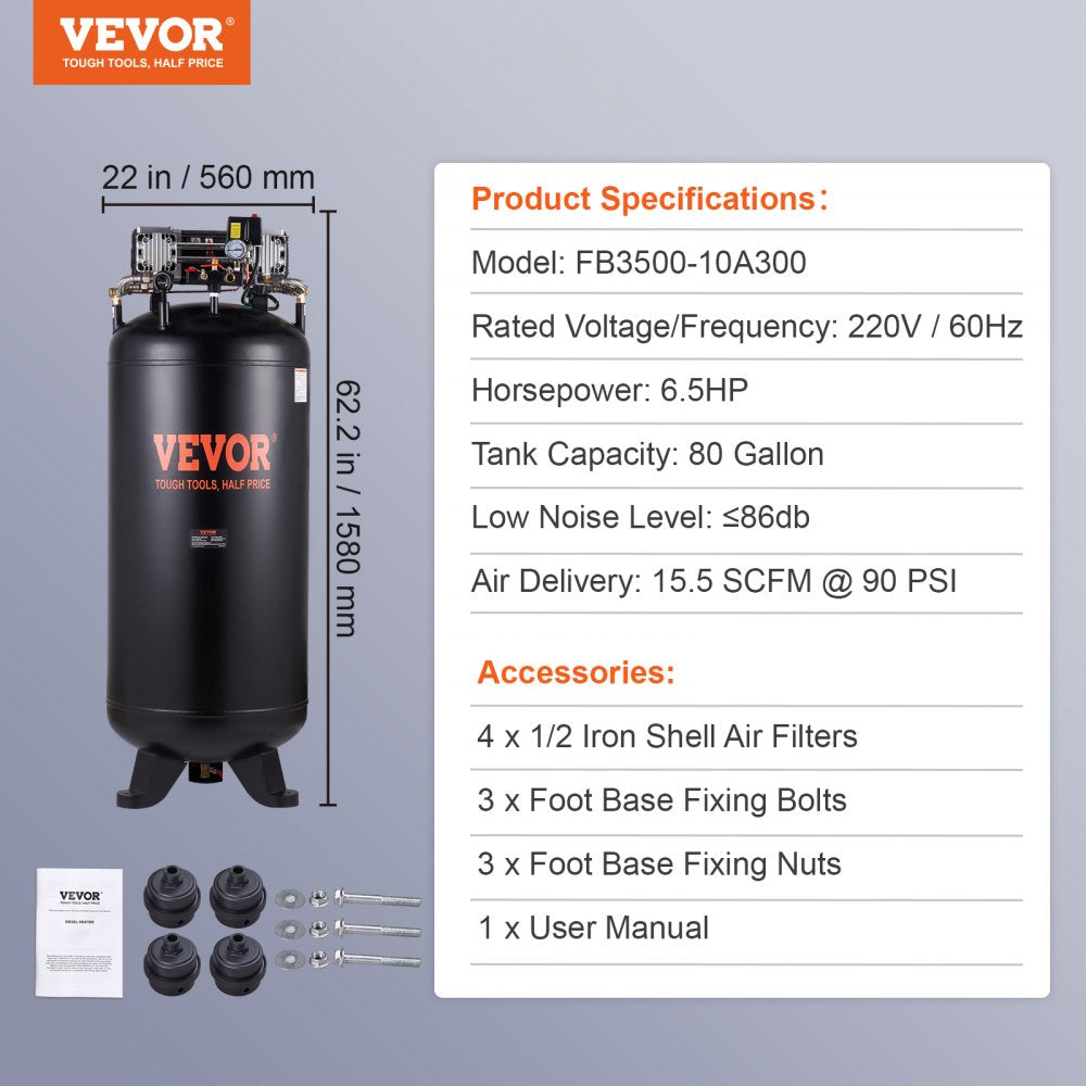 Bostome 80 gallon air compressor with a 6.5 HP oil-free motor and dual-stage compression.