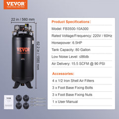 Bostome 80 gallon air compressor with a 6.5 HP oil-free motor and dual-stage compression.