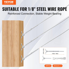 T316 Stainless Steel Adjustable Angle 1/8" Cable Railing Kit/Hardware for Wood Post，Marine Grade for 1/8"Wire Rope,0-180-Degree Angle & Easy Installation, Silver (30 Pack)