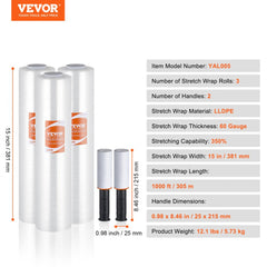 Stretch Film, 15 inches x 1000 feet, 3 Pack, 60 Gauge Industrial Strength Clear Durable Stretch Wrap Roll, Heavy Duty Shrink Film Stretch Wrap with Handles for Pallet Wrapping Shipping Moving