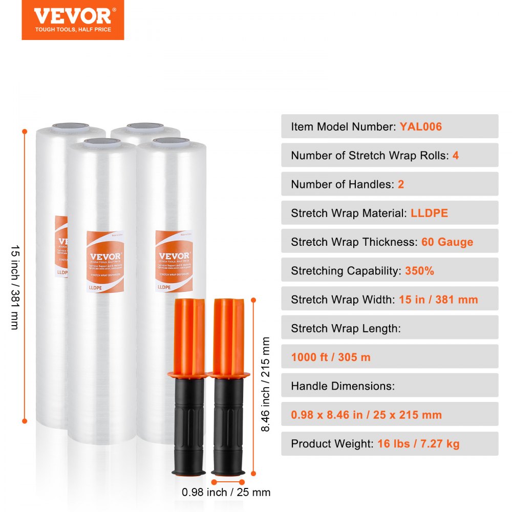 Stretch Film, 15 inches x 1000 feet, 4 Pack, 60 Gauge Industrial Strength Clear Durable Stretch Wrap Roll, Heavy Duty Shrink Film Stretch Wrap with Handles for Pallet Wrapping Shipping Moving