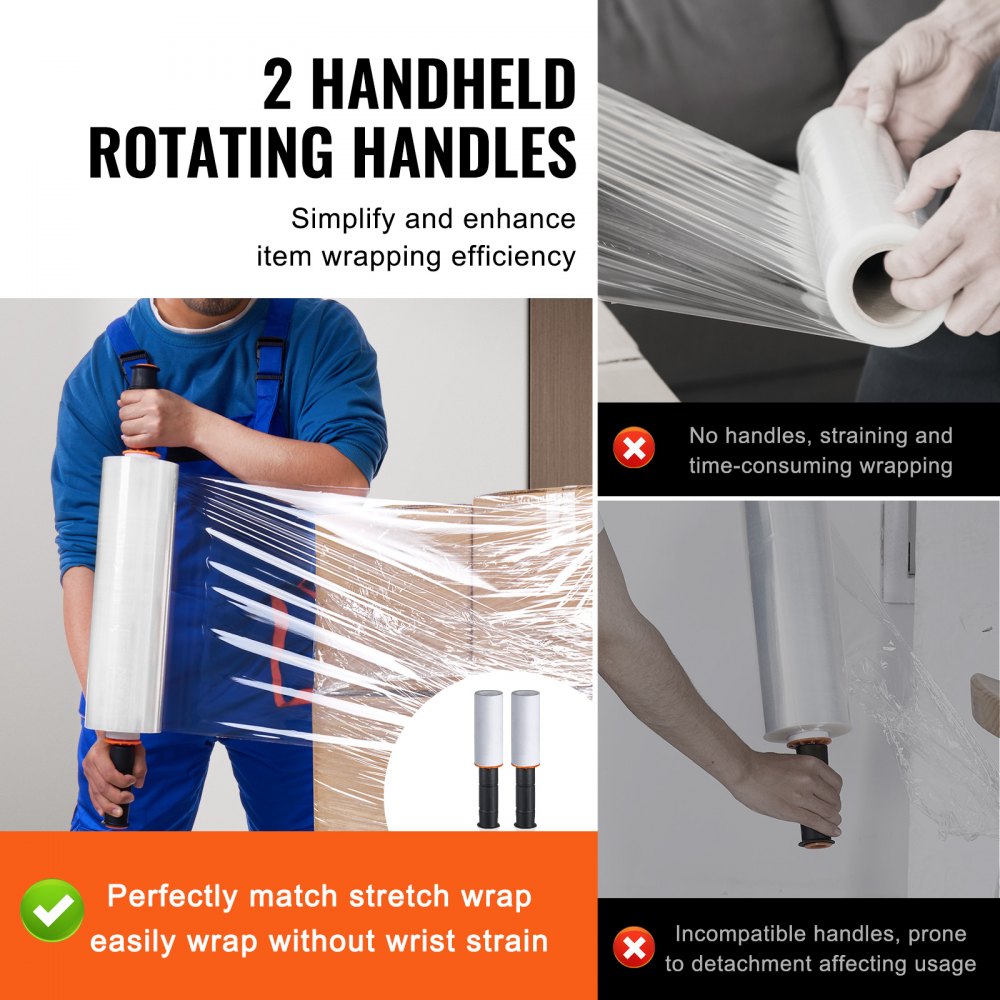 Stretch Film, 15 inches x 1200 feet, 2 Pack, 80 Gauge Industrial Strength Clear Durable Stretch Wrap Roll, Heavy Duty Shrink Film Stretch Wrap with Handles for Pallet Wrapping Shipping Moving