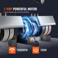 6-inch cabbing machine with 1/4 HP motor, 1800 RPM speed, and polishing wheels.