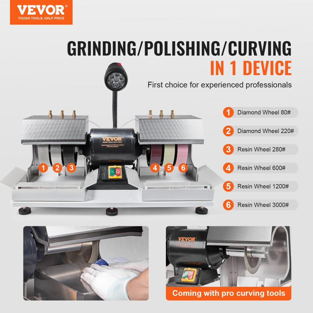 6-inch cabbing machine with 1/4 HP motor, diamond and resin wheels for grinding and polishing rocks.