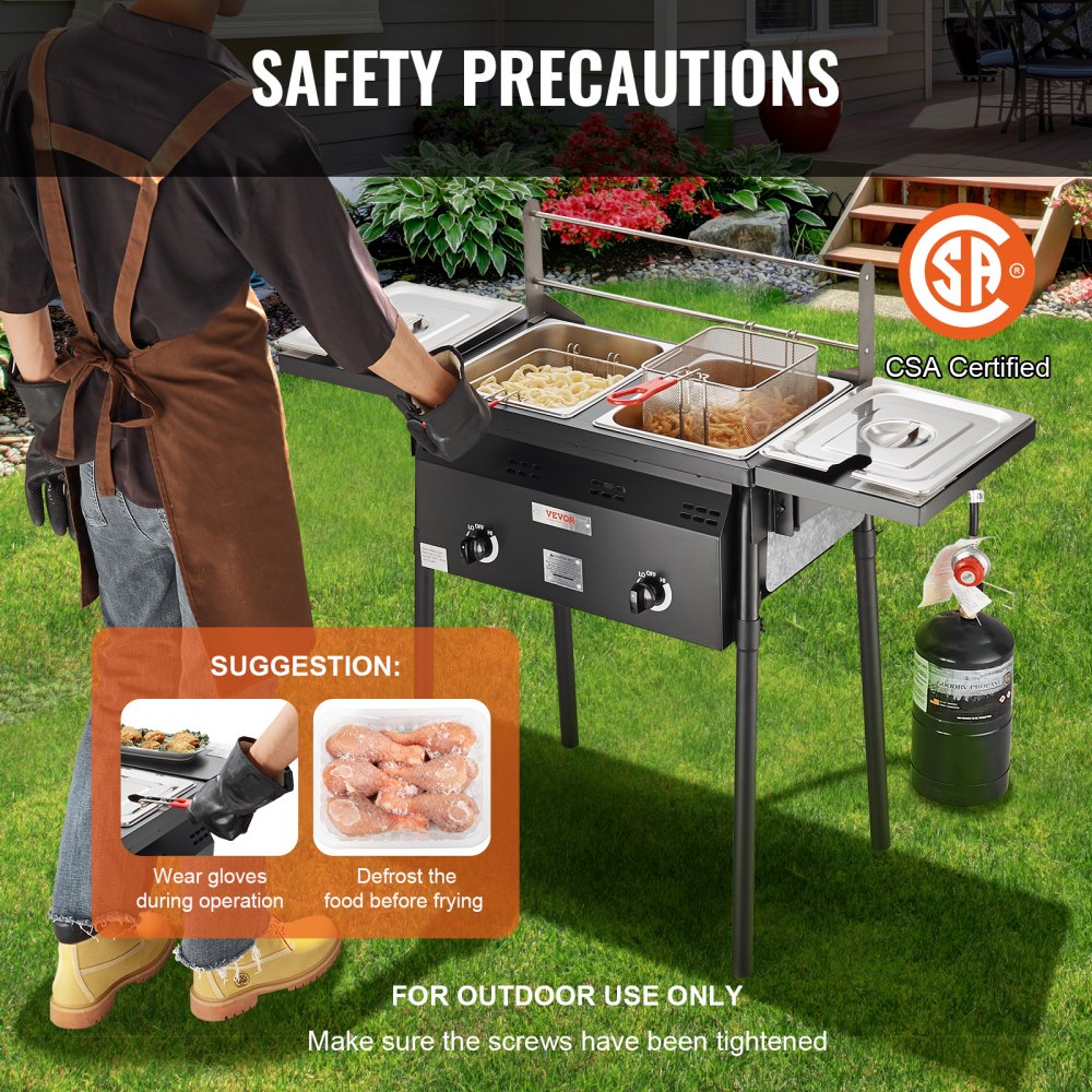 Outdoor Propane Deep Fryer, Double Burners Commercial Fryer, 16 Qt Stainless Steel Cooker with Removable Baskets & Lids & Tanks, Oil Fryer Cart with Thermometer & Regulator, For Outdoor Cooking