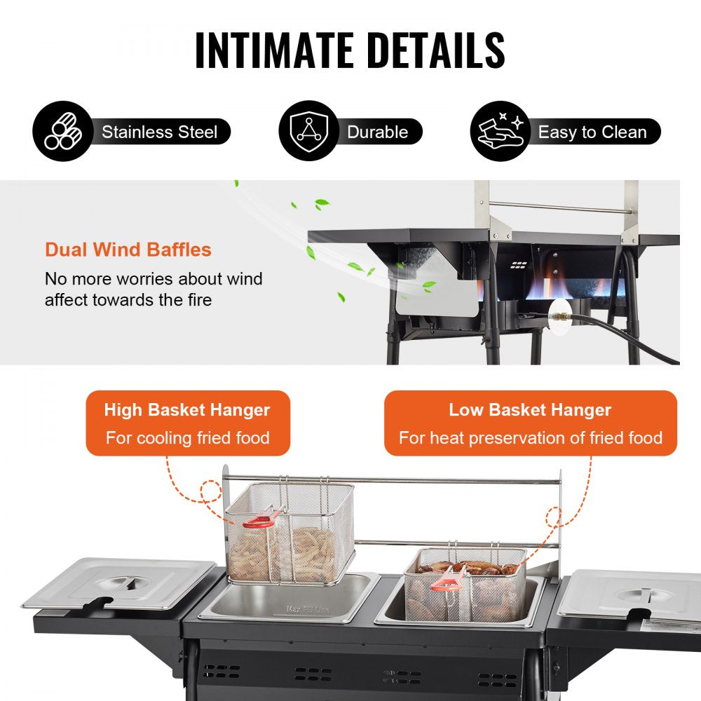 Outdoor Propane Deep Fryer, Double Burners Commercial Fryer, 16 Qt Stainless Steel Cooker with Removable Baskets & Lids & Tanks, Oil Fryer Cart with Thermometer & Regulator, For Outdoor Cooking