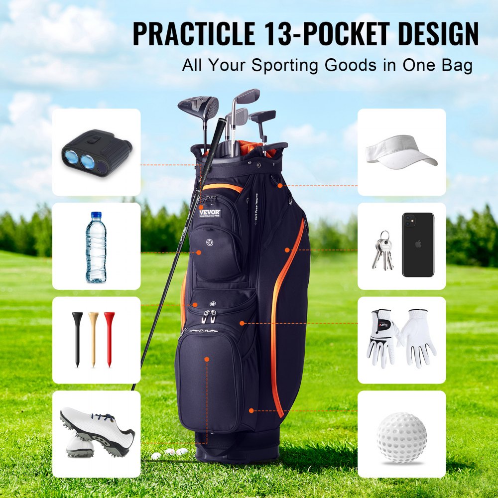 Black and orange Bostome 14-way golf cart bag made of durable 600D polyester with multiple pockets.