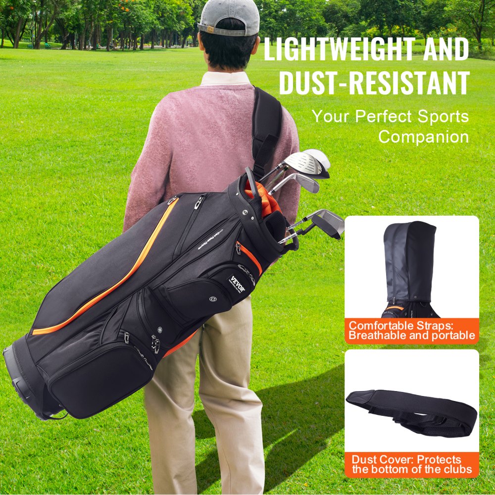 Black and orange Bostome 14-way golf cart bag with multiple pockets and ergonomic straps.