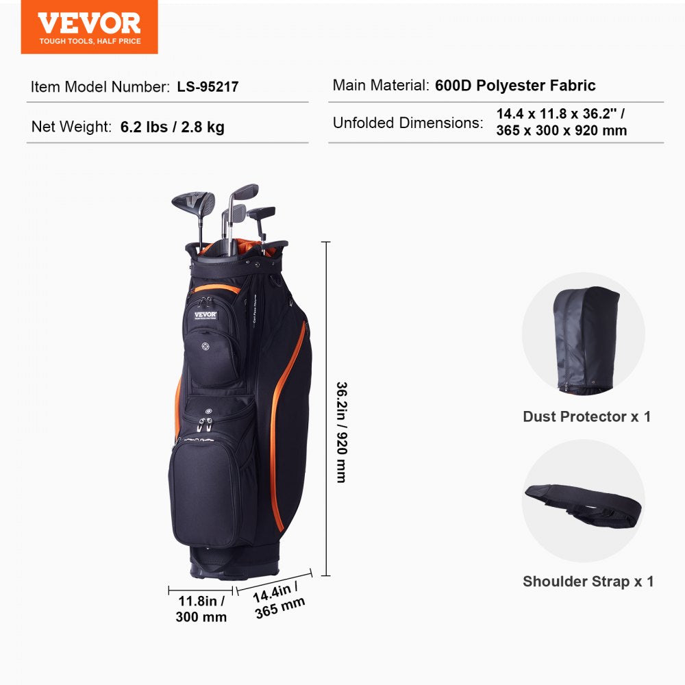 Black and orange Bostome 14-way golf cart bag made of durable 600D polyester with multiple pockets.