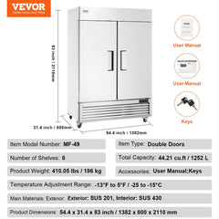 Commercial Freezer 44.21 Cu.ft, Reach In 54.4" W Upright Freezer 2 Doors, Auto-Defrost Stainless Steel Reach-in Freezer with 8 Adjustable Shelves, -13 to 5℉ Temp Control, LED Lighting, 4 Wheels