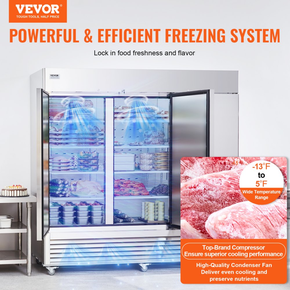 Commercial Freezer 60.42 Cu.ft, Reach In 82.5" W Upright Freezer 3 Doors, Auto-Defrost Stainless Steel Reach-in Freezer with 12 Adjustable Shelves, -13 to 5℉ Temp Control, LED Lighting, 4 Wheels