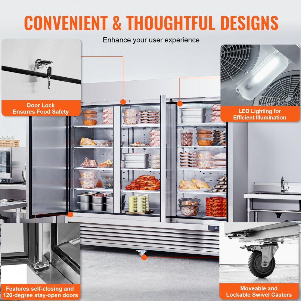 Commercial Freezer 60.42 Cu.ft, Reach In 82.5" W Upright Freezer 3 Doors, Auto-Defrost Stainless Steel Reach-in Freezer with 12 Adjustable Shelves, -13 to 5℉ Temp Control, LED Lighting, 4 Wheels