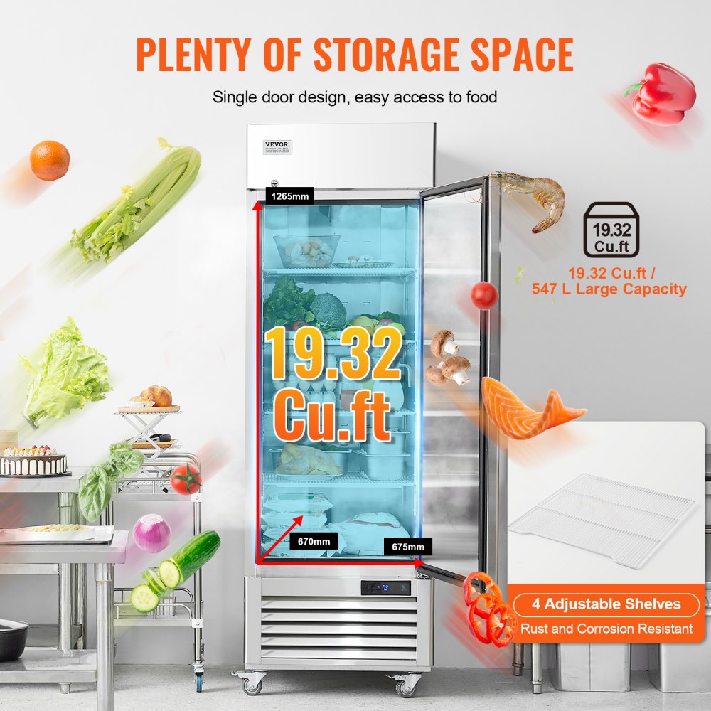 Commercial Refrigerator 19.32 Cu.ft, Reach In 27" W Upright Refrigerator Single Door, Auto-Defrost Stainless Steel Reach-in Refrigerator & 4 Shelves, 33 to 41℉ Temp Control, LED Light, 4 Wheel