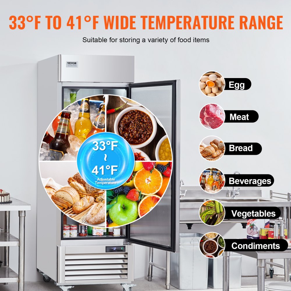 Commercial Refrigerator 19.32 Cu.ft, Reach In 27" W Upright Refrigerator Single Door, Auto-Defrost Stainless Steel Reach-in Refrigerator & 4 Shelves, 33 to 41℉ Temp Control, LED Light, 4 Wheel