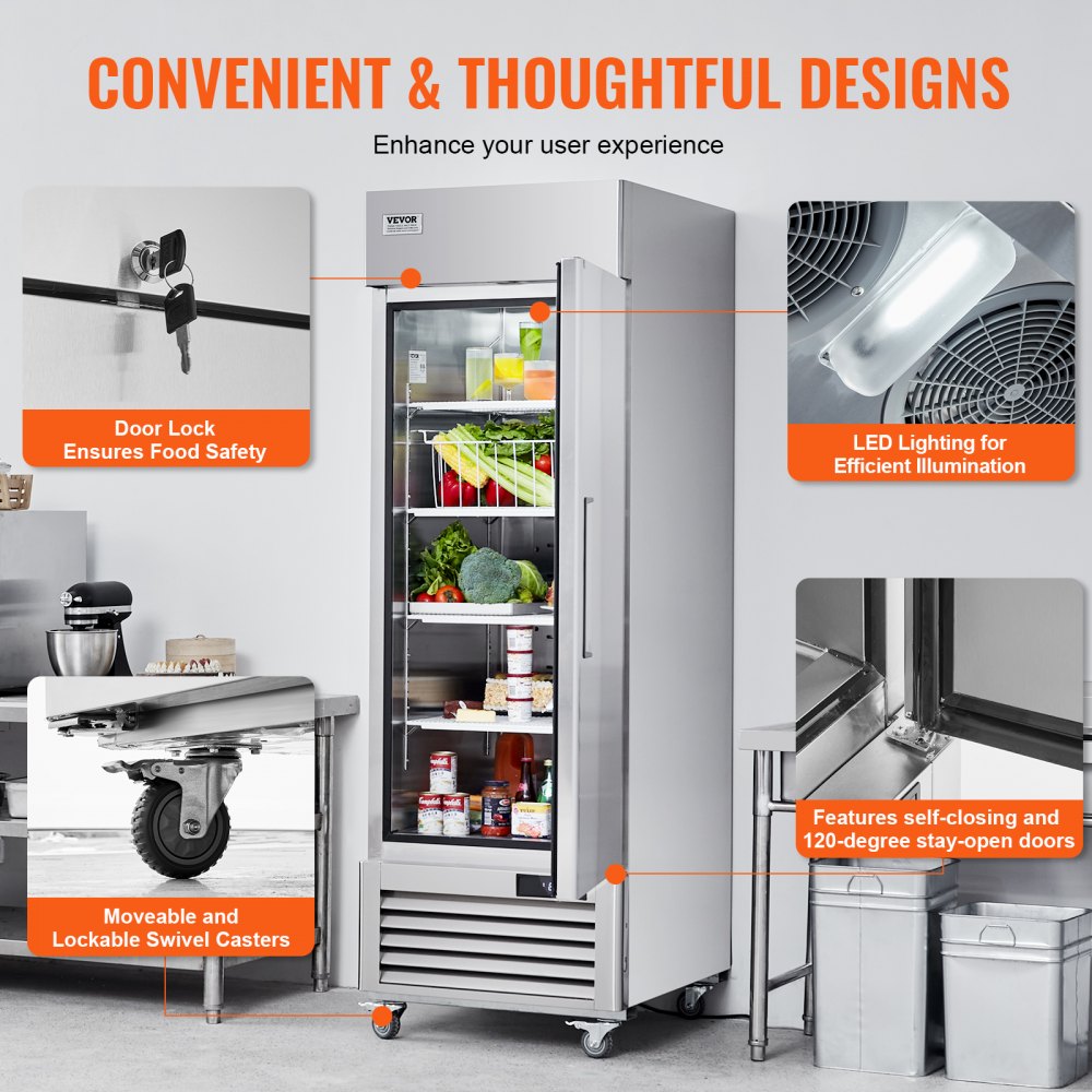 Commercial Refrigerator 19.32 Cu.ft, Reach In 27" W Upright Refrigerator Single Door, Auto-Defrost Stainless Steel Reach-in Refrigerator & 4 Shelves, 33 to 41℉ Temp Control, LED Light, 4 Wheel