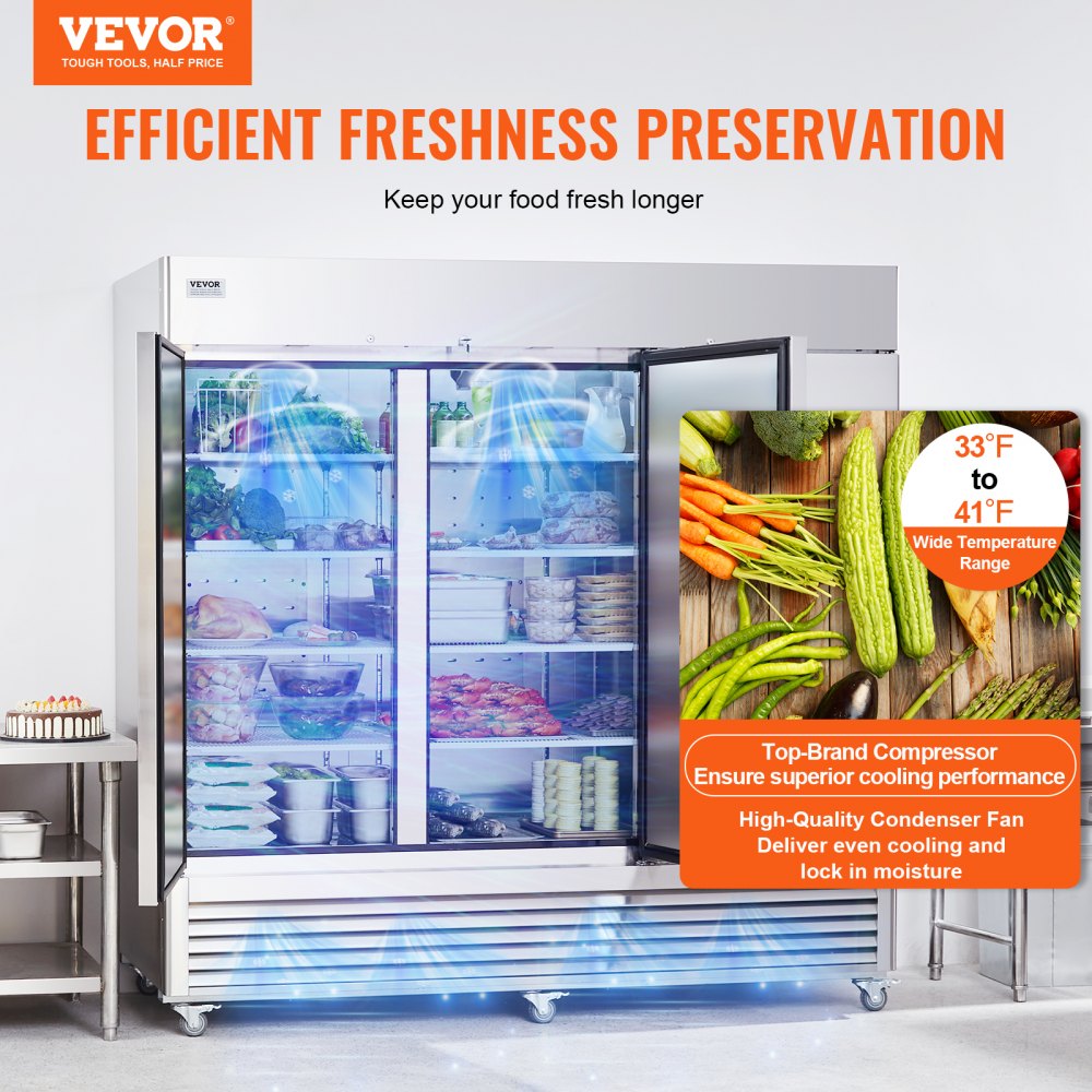 Commercial Refrigerator 60.42 Cu.ft, Reach In 82.5" W Upright Refrigerator 3 Doors, Auto-Defrost Stainless Steel Reach-in Refrigerator & 12 Shelves, 33 to 41℉ Temp Control, LED Light, 4 Wheels