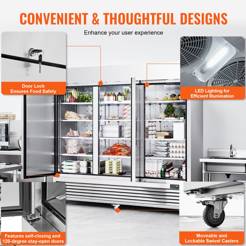 Commercial Refrigerator 60.42 Cu.ft, Reach In 82.5" W Upright Refrigerator 3 Doors, Auto-Defrost Stainless Steel Reach-in Refrigerator & 12 Shelves, 33 to 41℉ Temp Control, LED Light, 4 Wheels