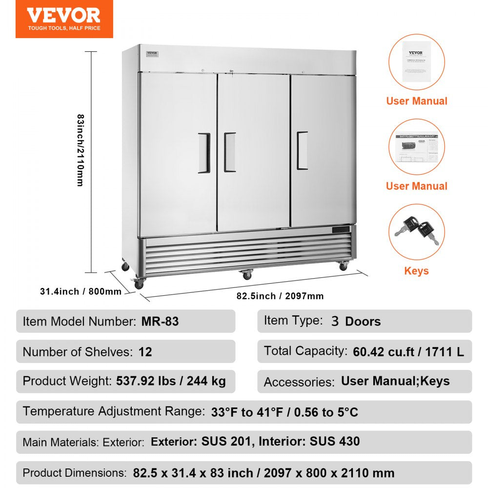 Commercial Refrigerator 60.42 Cu.ft, Reach In 82.5" W Upright Refrigerator 3 Doors, Auto-Defrost Stainless Steel Reach-in Refrigerator & 12 Shelves, 33 to 41℉ Temp Control, LED Light, 4 Wheels