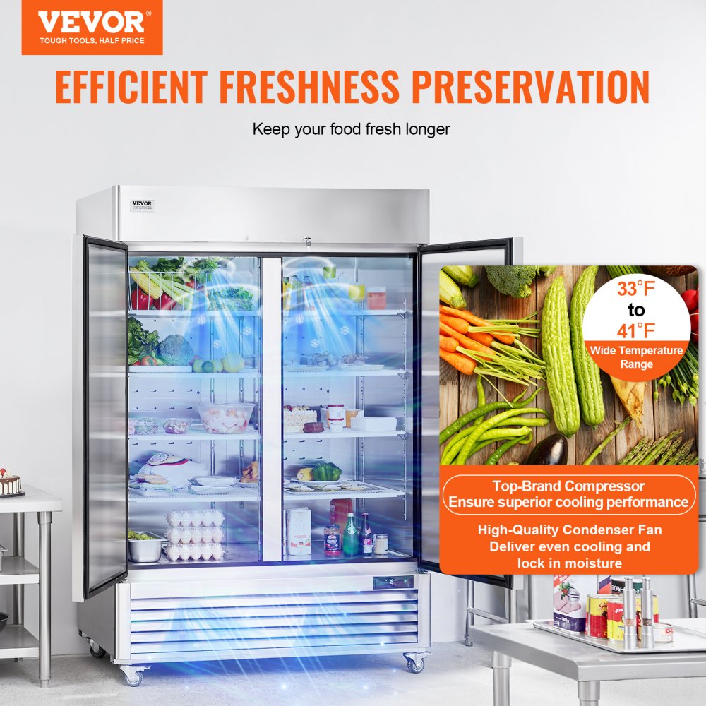 Commercial Refrigerator 44.21 Cu.ft, Reach In 54.4" W Upright Refrigerator 2 Doors, Auto-Defrost Stainless Steel Reach-in Refrigerator with 8 Shelves, 33 to 41℉ Temp Control, LED Light, 4 Wheels
