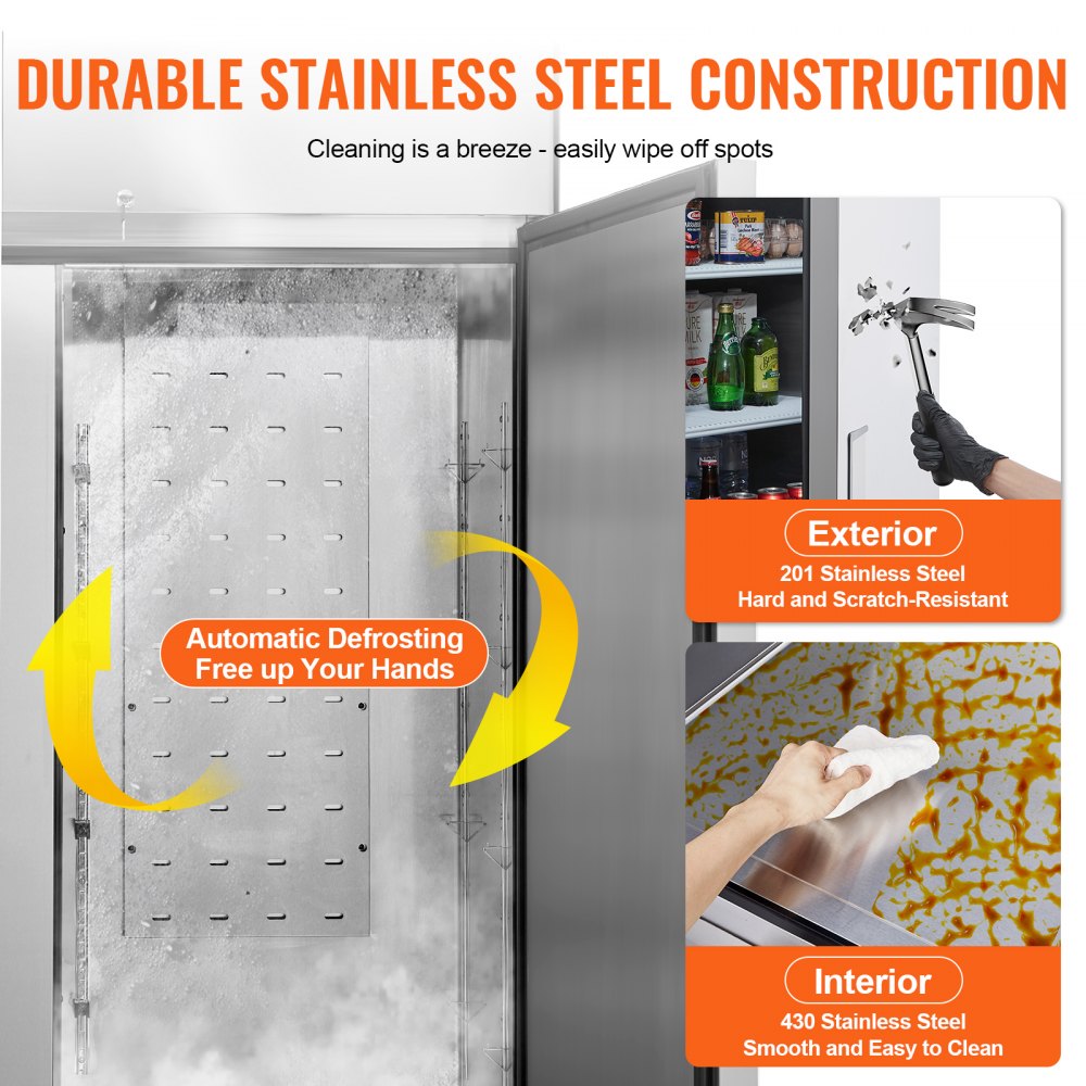 Commercial Refrigerator 44.21 Cu.ft, Reach In 54.4" W Upright Refrigerator 2 Doors, Auto-Defrost Stainless Steel Reach-in Refrigerator with 8 Shelves, 33 to 41℉ Temp Control, LED Light, 4 Wheels
