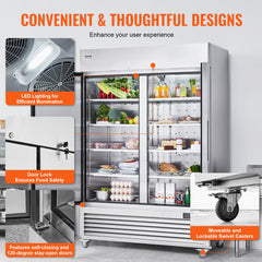 Commercial Refrigerator 44.21 Cu.ft, Reach In 54.4" W Upright Refrigerator 2 Doors, Auto-Defrost Stainless Steel Reach-in Refrigerator with 8 Shelves, 33 to 41℉ Temp Control, LED Light, 4 Wheels