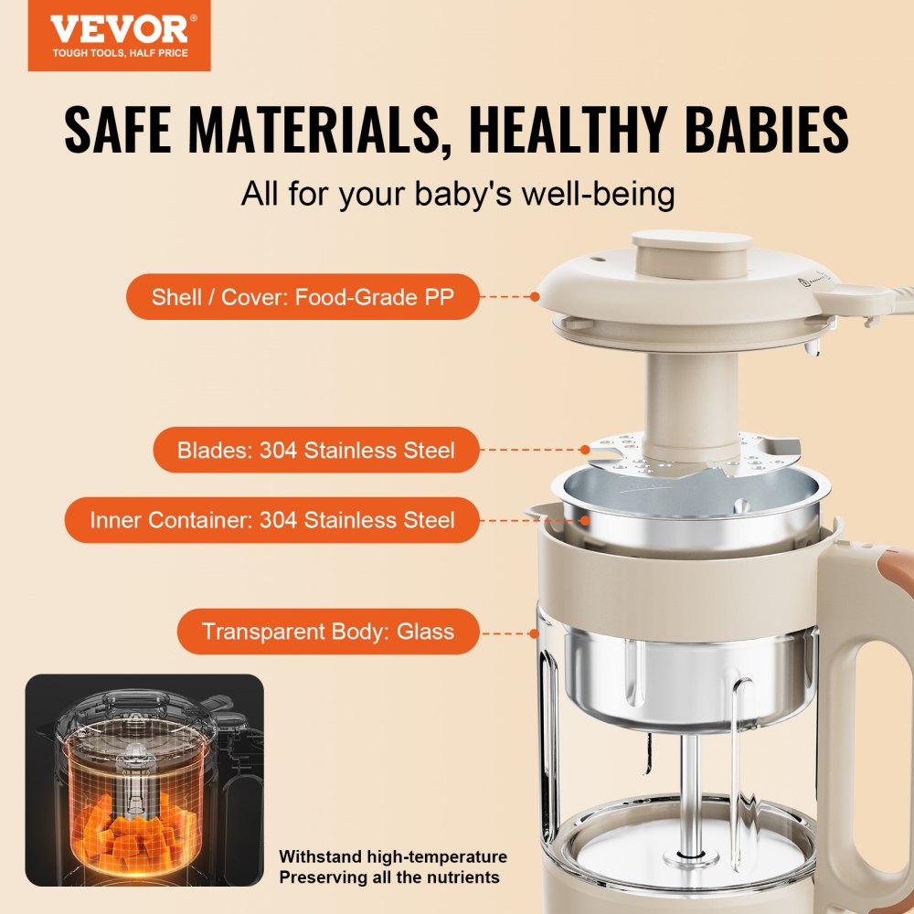 Baby Food Maker, 500W Baby Food Processor with 300 ml Glass Bowl, SUS304 Stainless Steel 4-Blade Baby Food Puree Blender Steamer Grinder for Food, Fruit, Vegetable, Meat