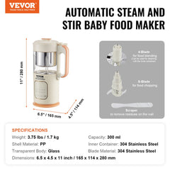 Baby Food Maker, 500W Baby Food Processor with 300 ml Glass Bowl, SUS304 Stainless Steel 4-Blade Baby Food Puree Blender Steamer Grinder for Food, Fruit, Vegetable, Meat