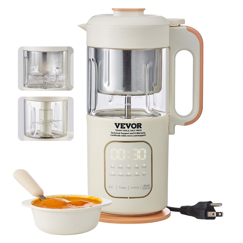 Baby Food Maker, 500W Baby Food Processor with 300 ml Glass Bowl, SUS304 Stainless Steel 4-Blade Baby Food Puree Blender Steamer Grinder for Food, Fruit, Vegetable, Meat