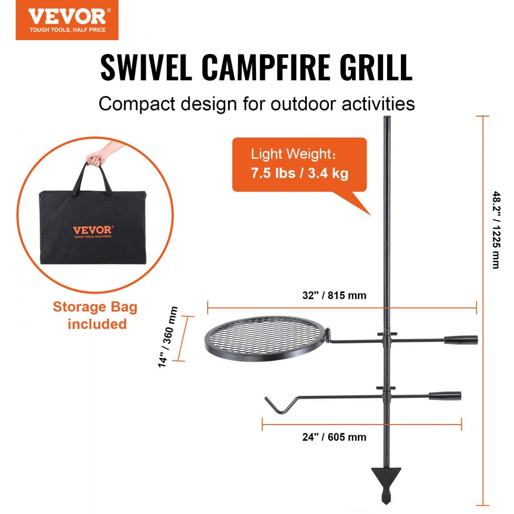 Swivel Campfire Grill, Fire Pit Grill Grate over Fire Pits, Heavy Duty Steel Grill Grates, 360° Adjustable Open Fire Outdoor Cooking Equipment, Portable Camp Fire Racks for Camping Outdoor BBQ