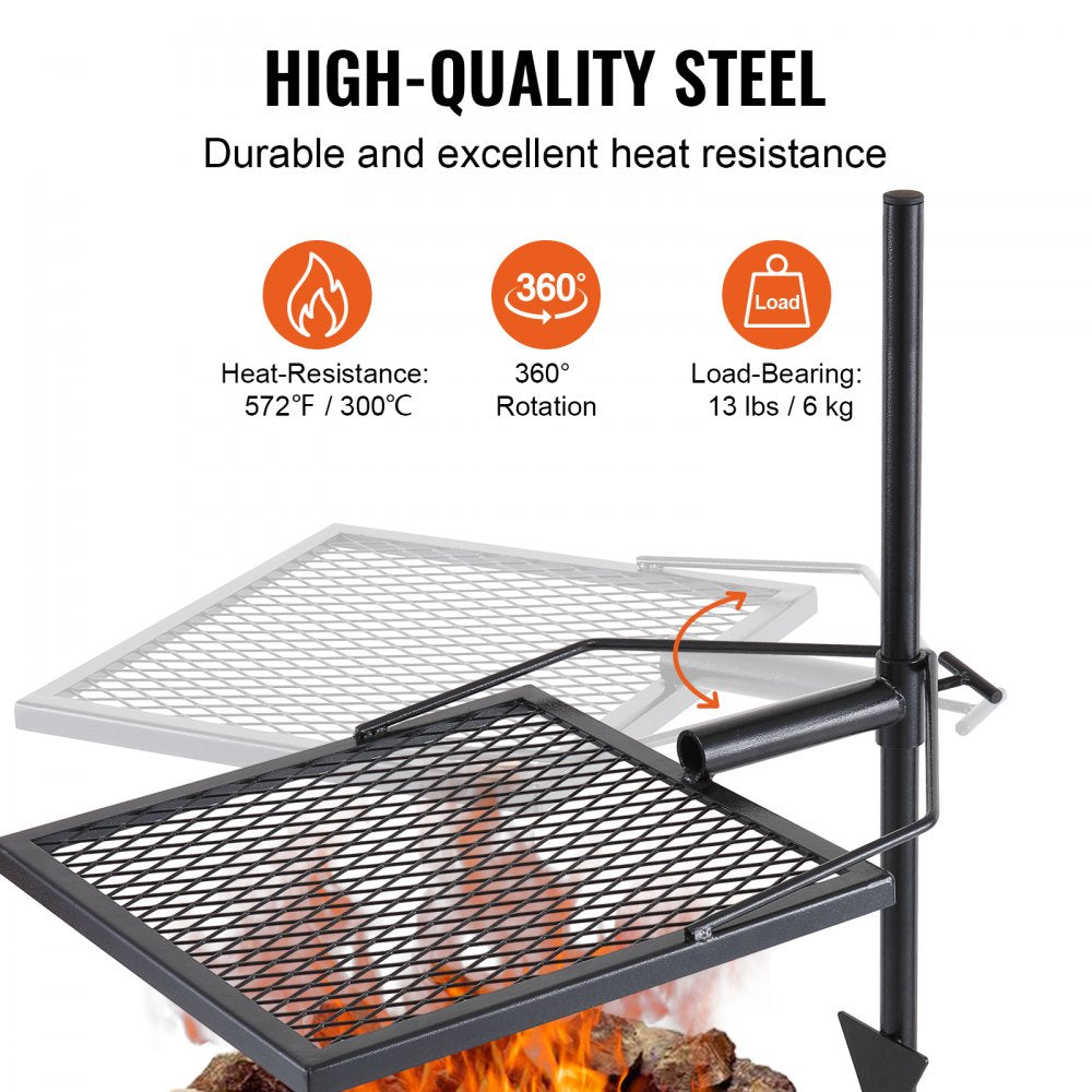 Swivel Campfire Grill, Fire Pit Grill Grate over Fire Pits, Heavy Duty Steel Grill Grates, 360° Adjustable Open Fire Outdoor Cooking Equipment, Portable Camp Fire Racks for Camping Outdoor BBQ