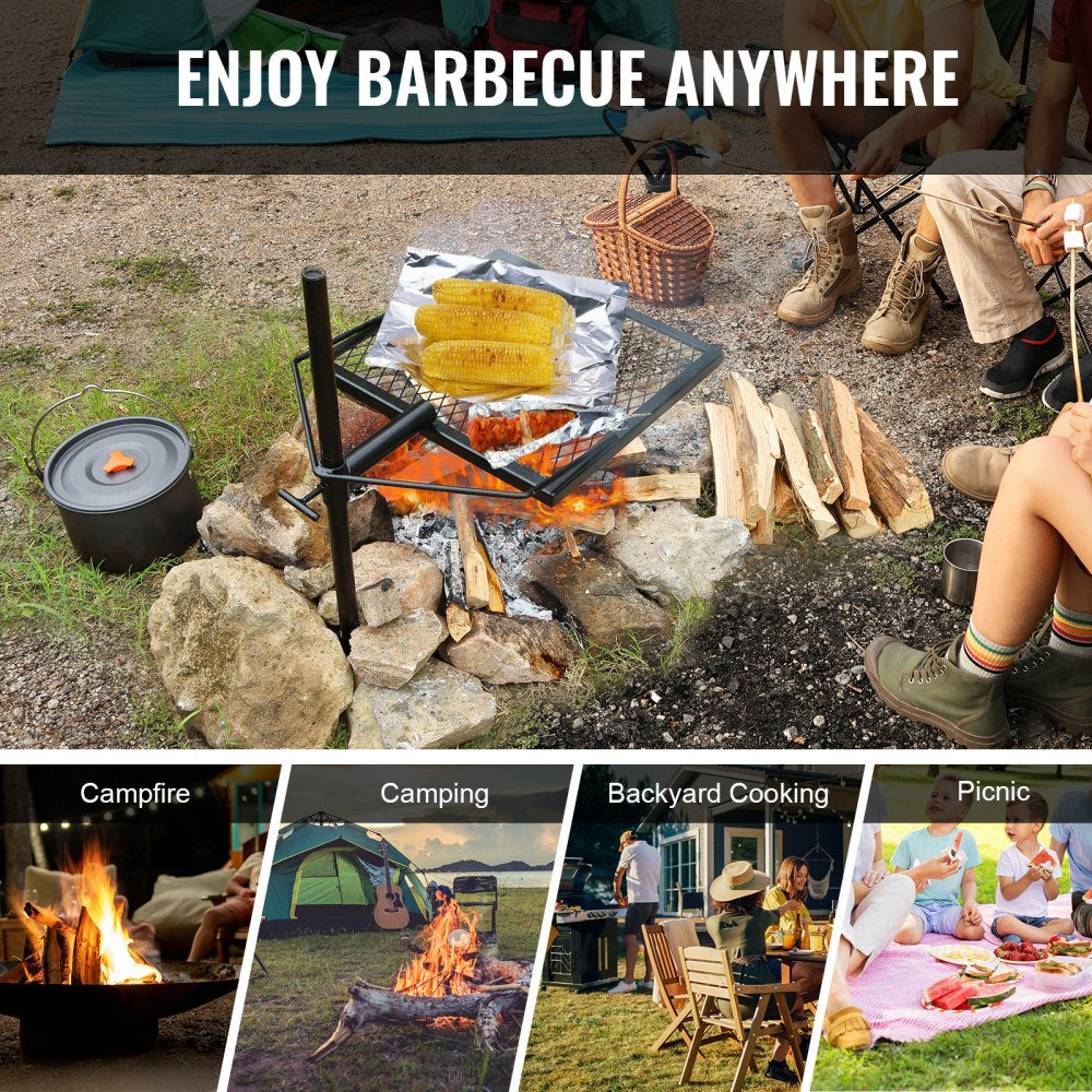 Swivel Campfire Grill, Fire Pit Grill Grate over Fire Pits, Heavy Duty Steel Grill Grates, 360° Adjustable Open Fire Outdoor Cooking Equipment, Portable Camp Fire Racks for Camping Outdoor BBQ