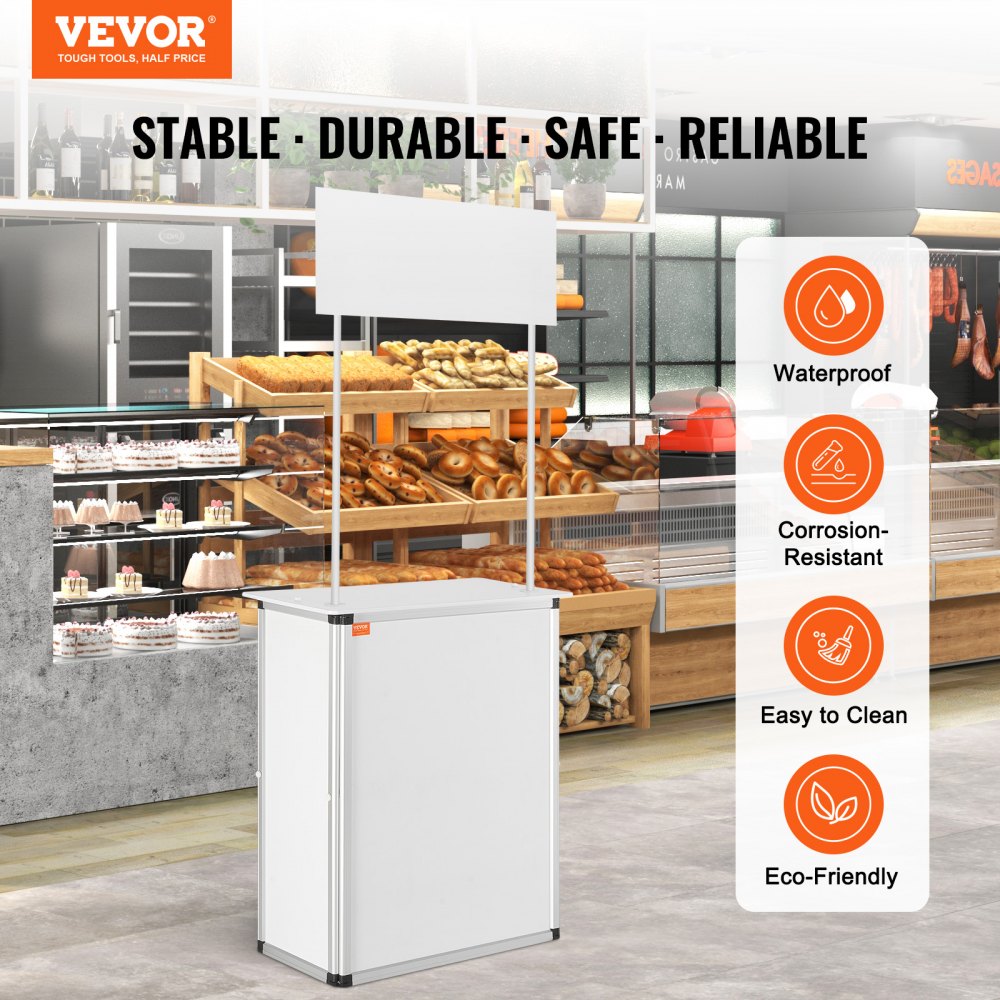 Promotion Counter Table, Portable Tradeshow Podium Table, 30.91" x 14.96" x 71.46", Display Exhibition Counter Stand Booth Fair with Wall, Pop Up Podium with Storage Rack/Carrying Bag