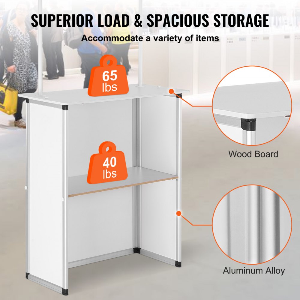 Promotion Counter Table, Portable Tradeshow Podium Table, 30.91" x 14.96" x 71.46", Display Exhibition Counter Stand Booth Fair with Wall, Pop Up Podium with Storage Rack/Carrying Bag