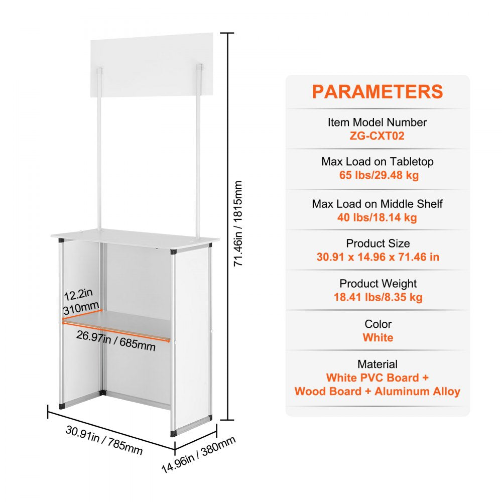 Promotion Counter Table, Portable Tradeshow Podium Table, 30.91" x 14.96" x 71.46", Display Exhibition Counter Stand Booth Fair with Wall, Pop Up Podium with Storage Rack/Carrying Bag