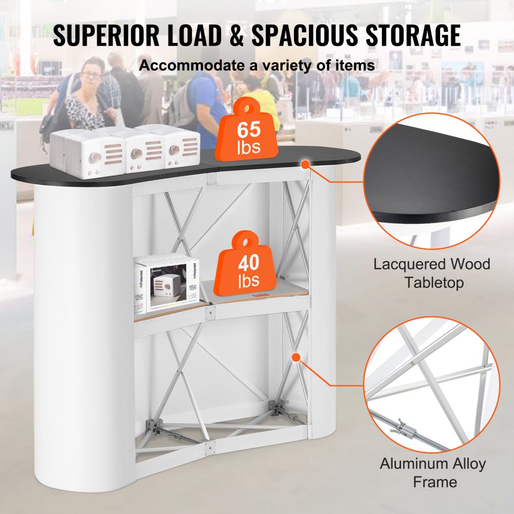 Portable Tradeshow Podium Table, 51.18" x 18.31" x 37.4", Display Exhibition Counter Stand Booth Fair with Wall, Foldable Promotion Retail Bar Table Pop Up Podium with Storage Rack, Carrying Bag