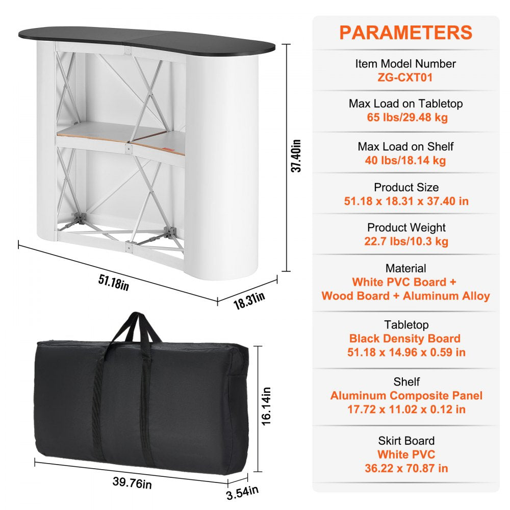 Portable Tradeshow Podium Table, 51.18" x 18.31" x 37.4", Display Exhibition Counter Stand Booth Fair with Wall, Foldable Promotion Retail Bar Table Pop Up Podium with Storage Rack, Carrying Bag