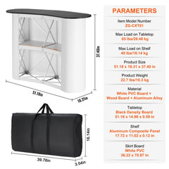 Portable Tradeshow Podium Table, 51.18" x 18.31" x 37.4", Display Exhibition Counter Stand Booth Fair with Wall, Foldable Promotion Retail Bar Table Pop Up Podium with Storage Rack, Carrying Bag