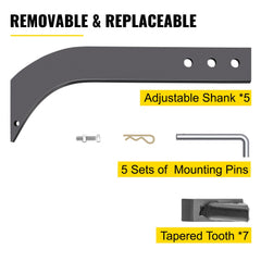 5pcs Box Blade Shank, 16`` Scarifier Shank, 3 Holes Box Scraper Shank, Ripper Shank with Removable Tapered Teeth and Pins, Adjustable Shanks Assembly for Replacement, Digging, Plowing
