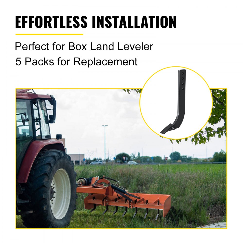 Tractor with 18-inch 4-hole box blade scarifier shanks with teeth in a grassy field.