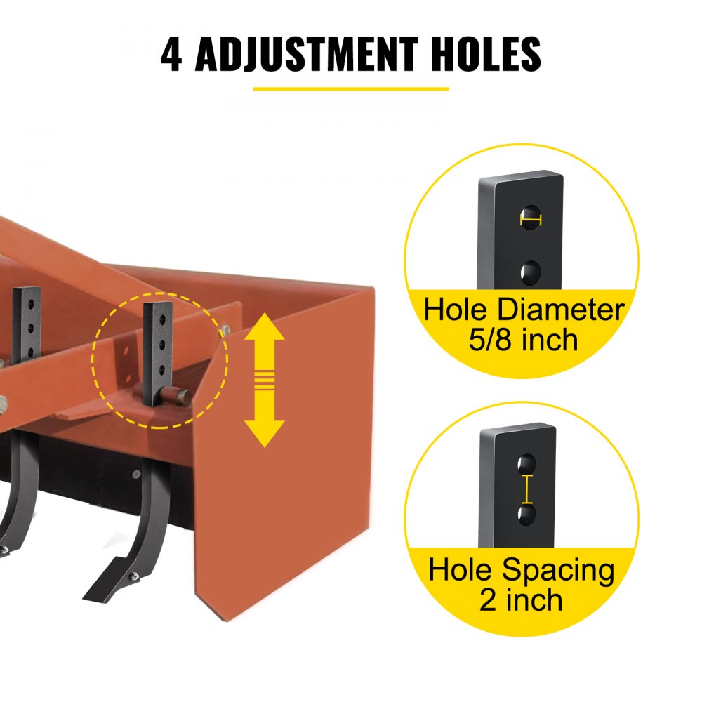 Close-up of orange 18-inch box blade scarifier shank with 4 adjustment holes, 5/8-inch diameter, 2-inch spacing, and teeth.