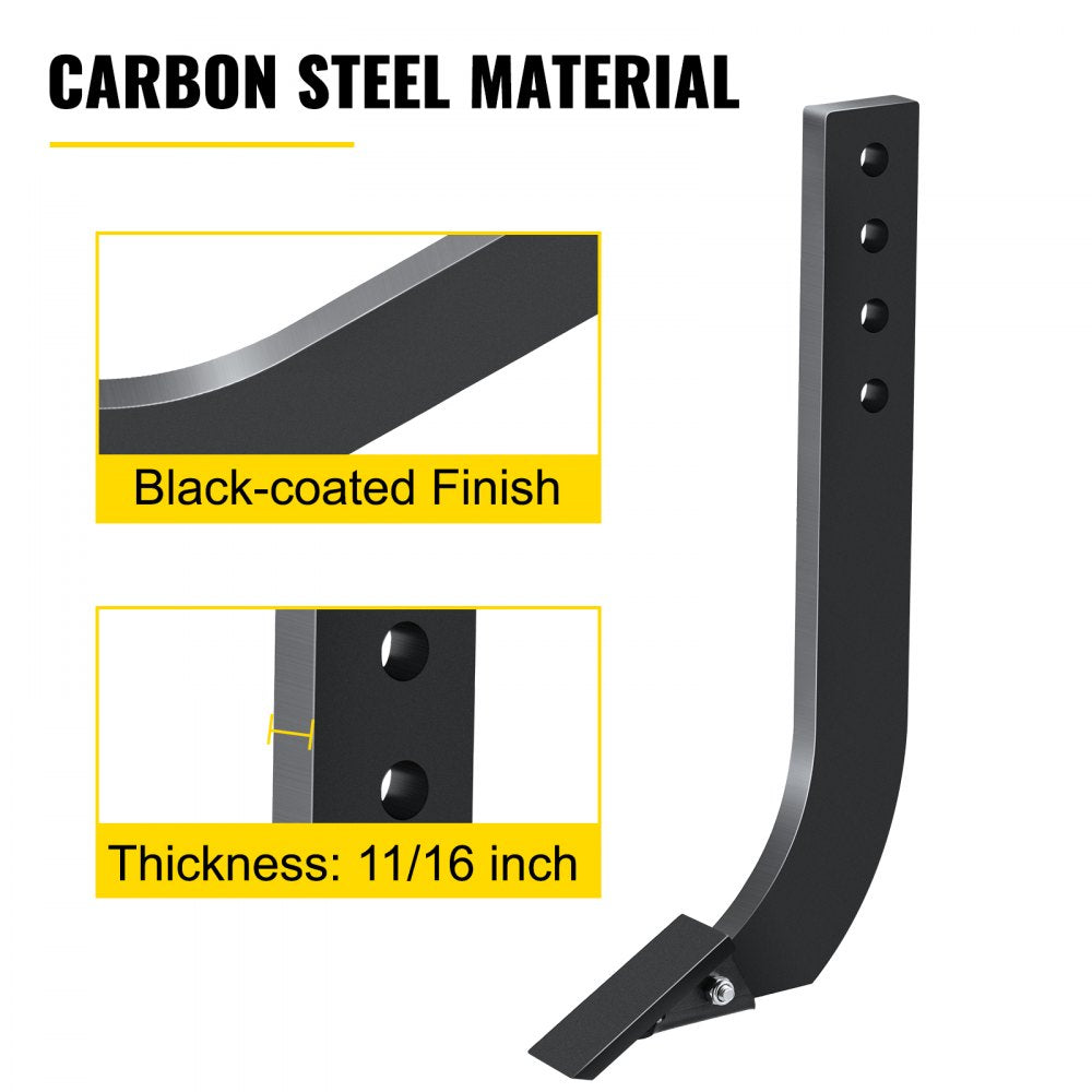 Close-up of black-coated carbon steel scarifier shank, 11/16 inch thick, with mounting holes and foot.