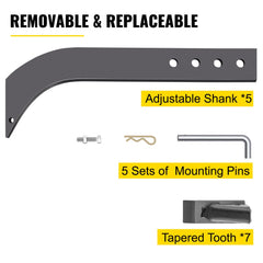 Five black adjustable shanks with mounting pins and tapered teeth for box blade scarifier.
